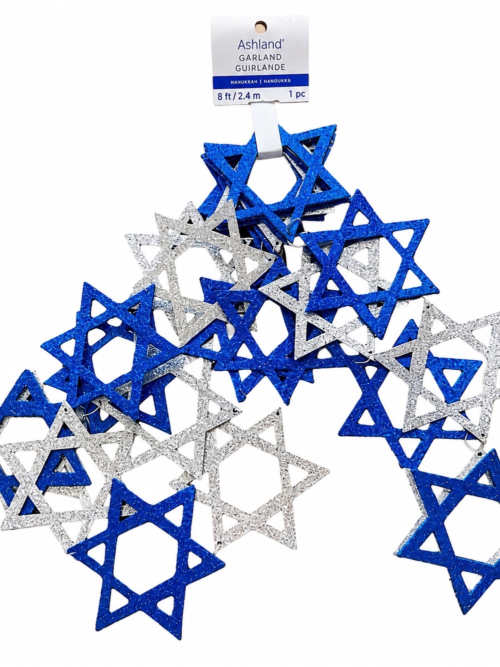 Garland Ashland Hanukkah Star of David Blue and Silver Glittering 8 ft